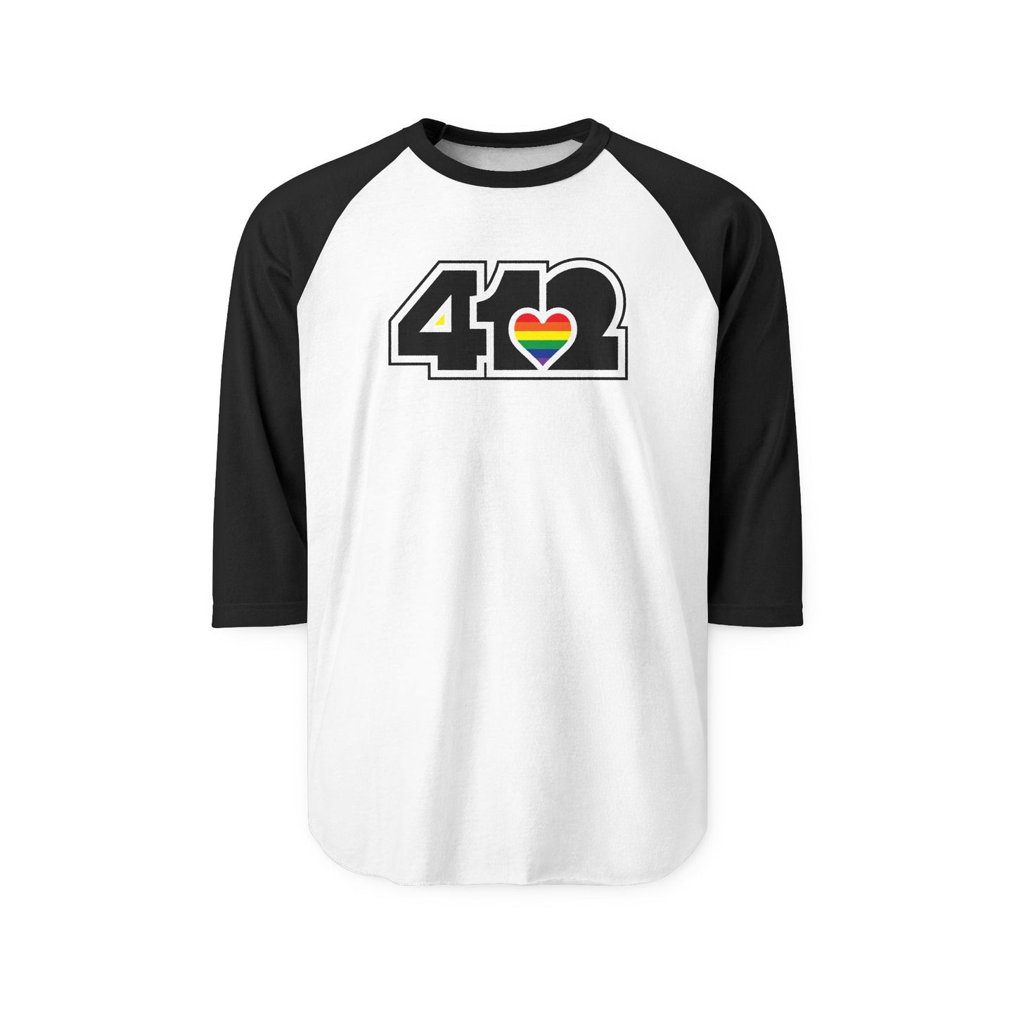412 Raglan Baseball Tee - Rainbow Heart, Black Logo