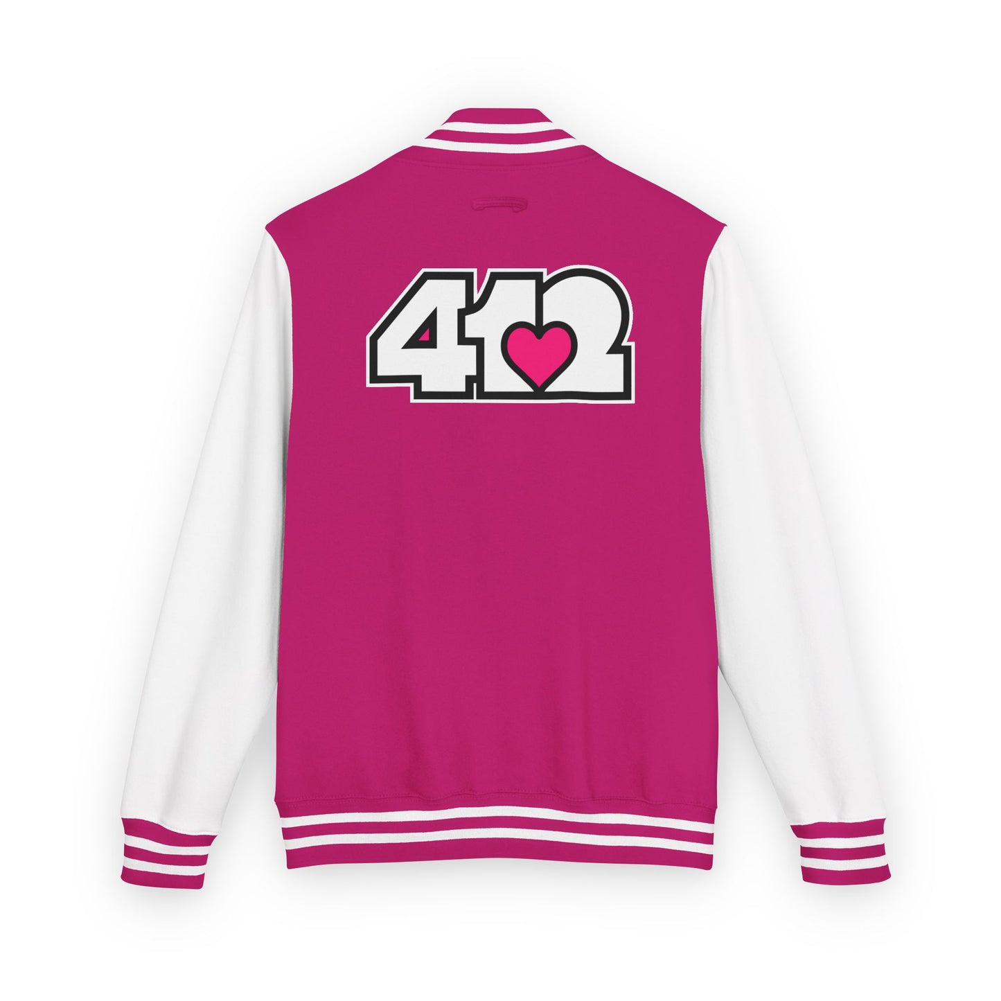412 Embroidered Letterman Jacket - Pink Heart, White Logo