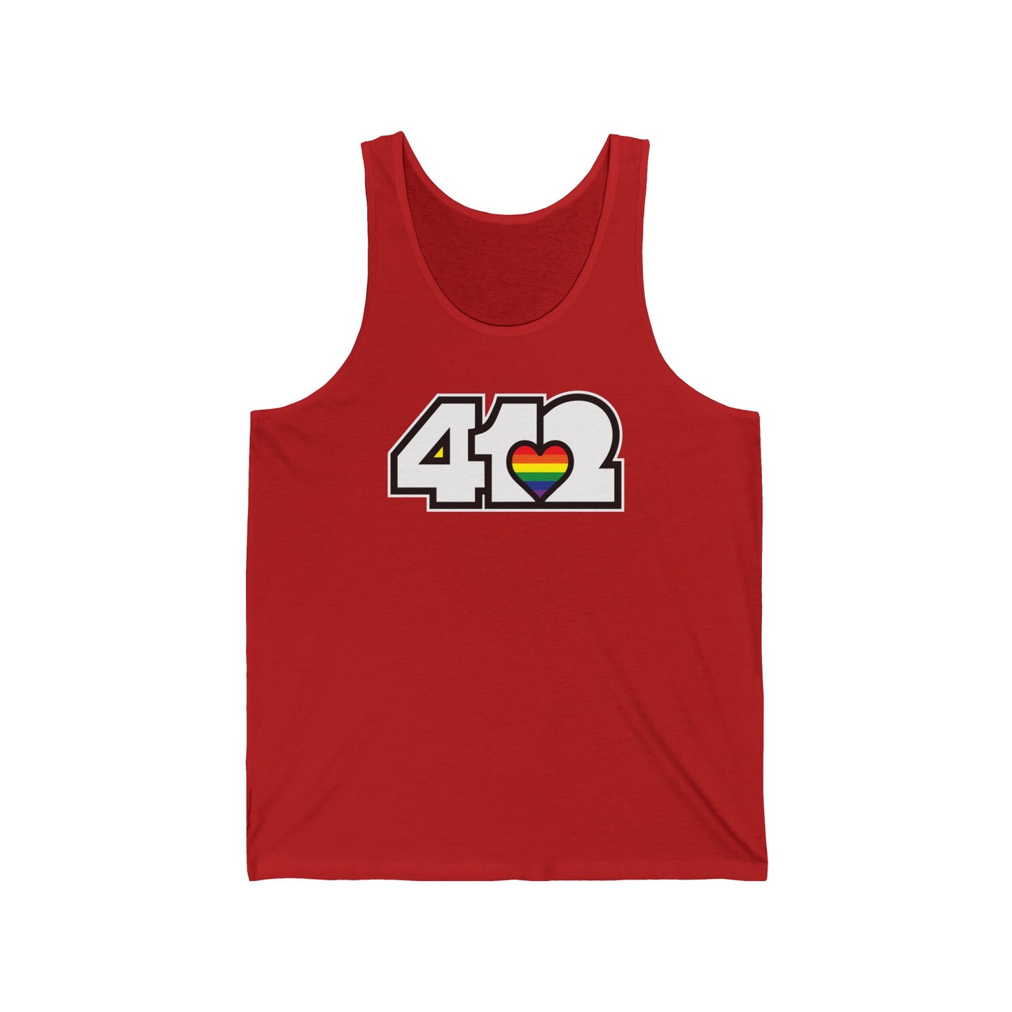 412 Unisex Jersey Tank - Rainbow Heart, White Logo