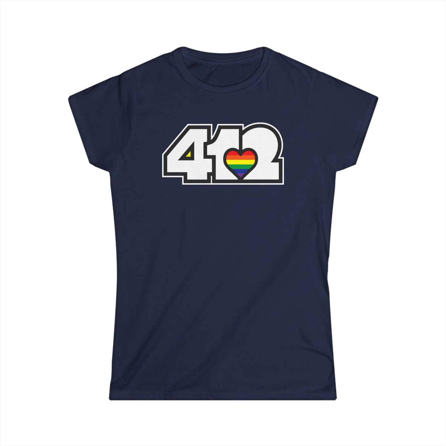 412 Women's Softstyle Tee - Rainbow Heart, White Logo