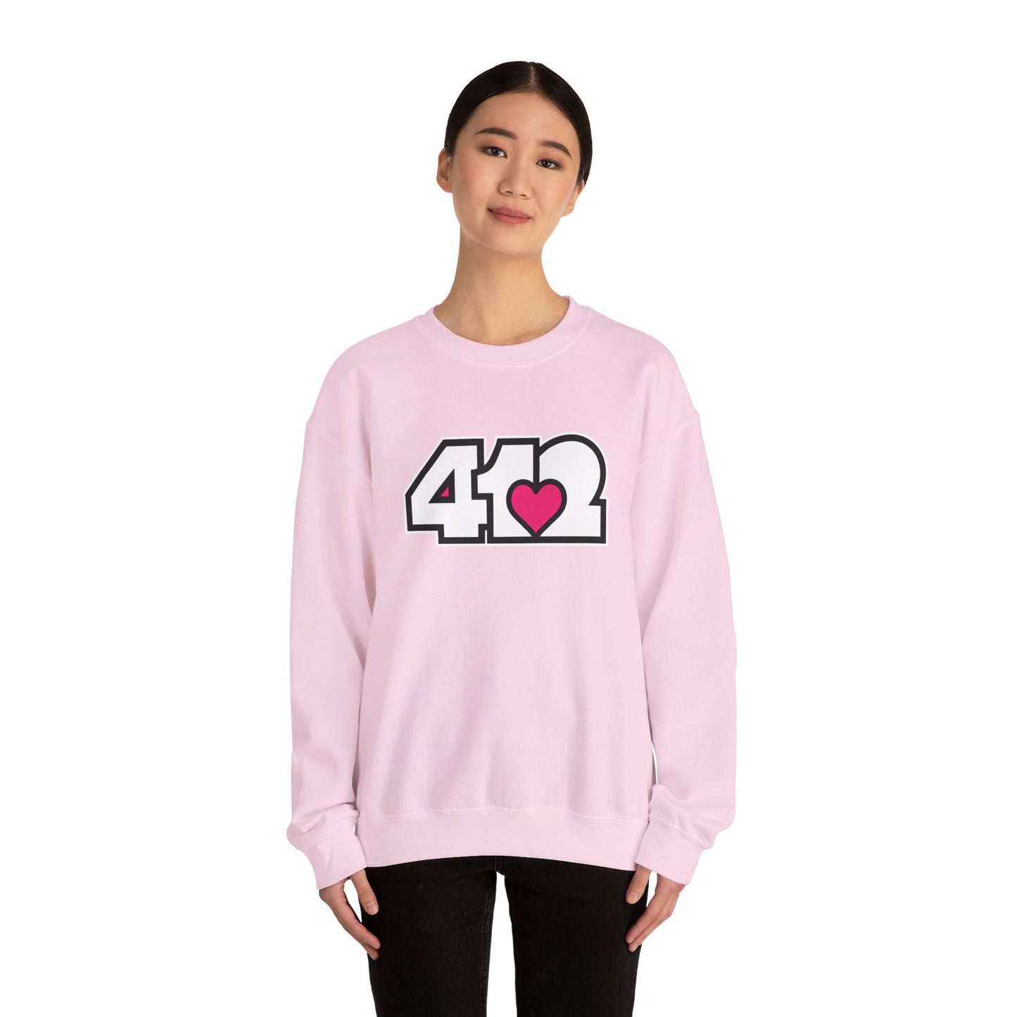 412 Crew Neck Sweatshirt - Pink Heart, White Logo