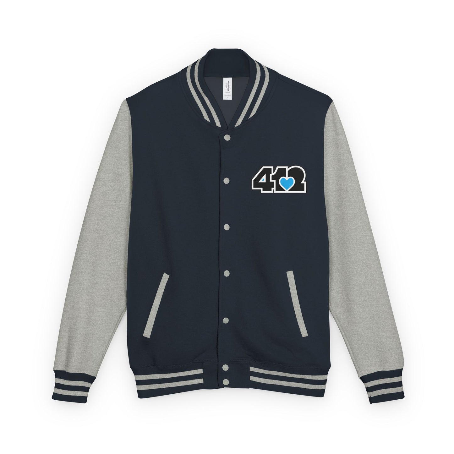 412 Embroidered Letterman Jacket - Blue Heart, Black Logo
