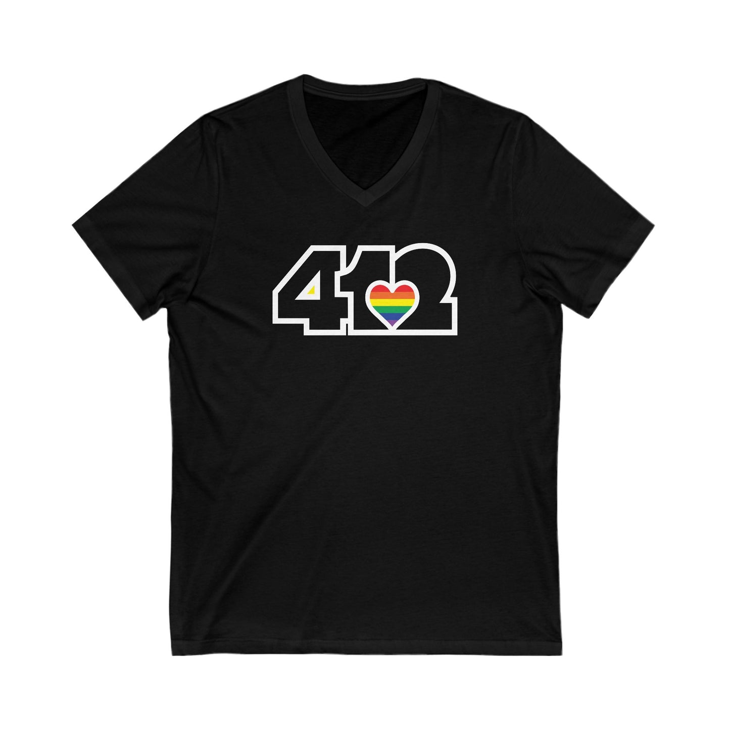 412 Women's V-Neck - Rainbow Heart, Black Logo