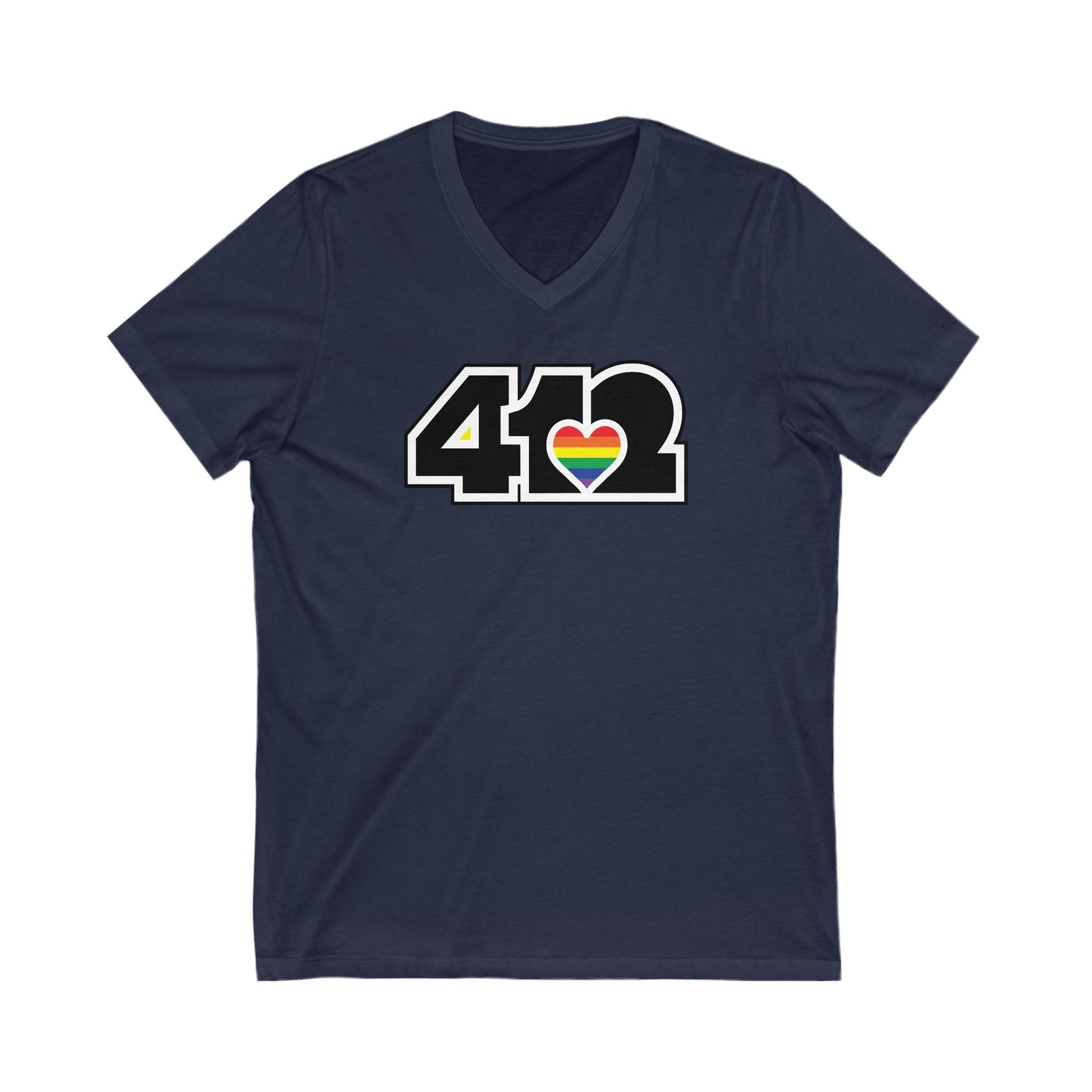 412 Women's V-Neck - Rainbow Heart, Black Logo