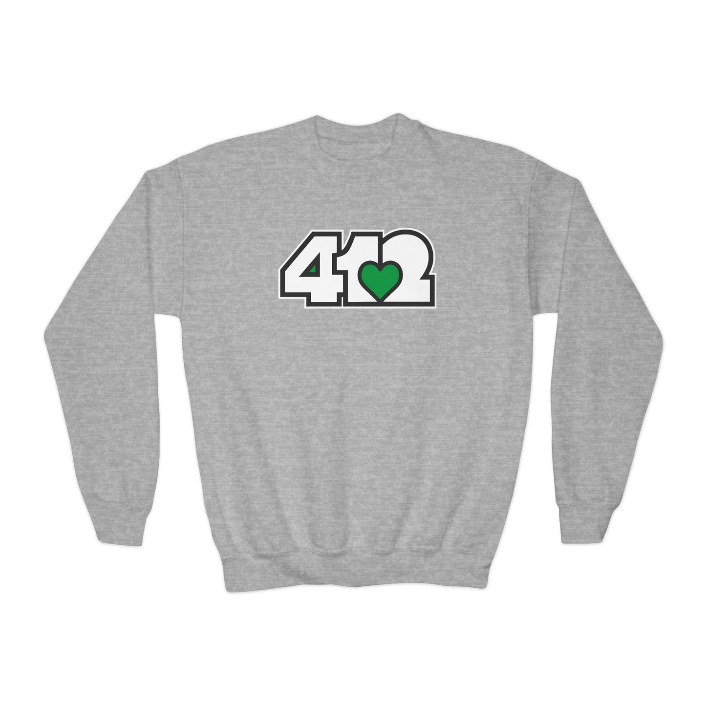 412 Crew Neck Youth Sweatshirt - Green Heart, White Logo
