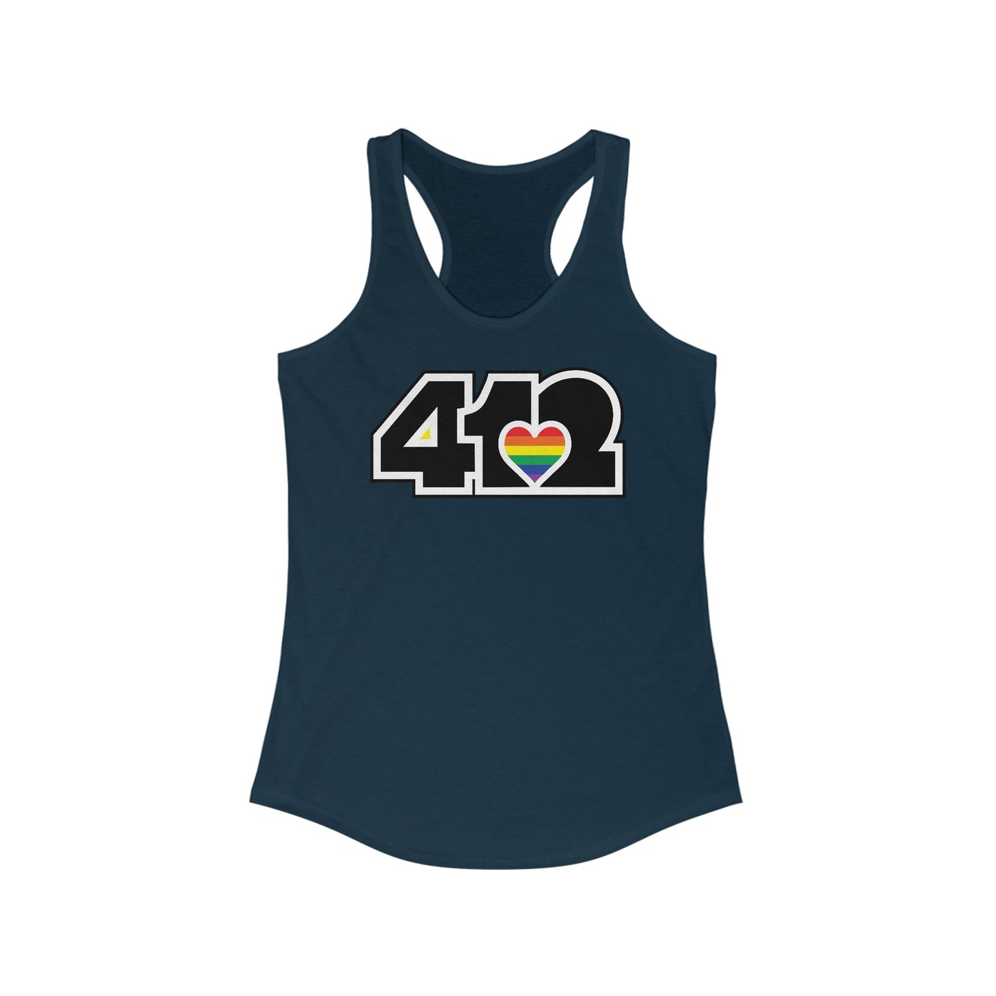 412 Women's Racerback Tank Top - Rainbow Heart, Black Logo
