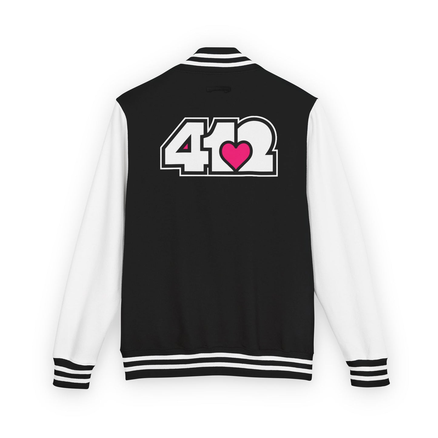 412 Embroidered Letterman Jacket - Pink Heart, White Logo