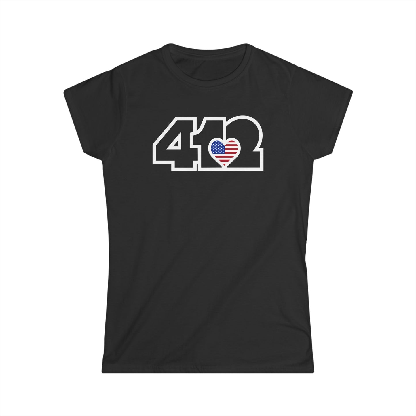 412 Women's Softstyle Tee - Stars & Stripes Heart, Black Logo