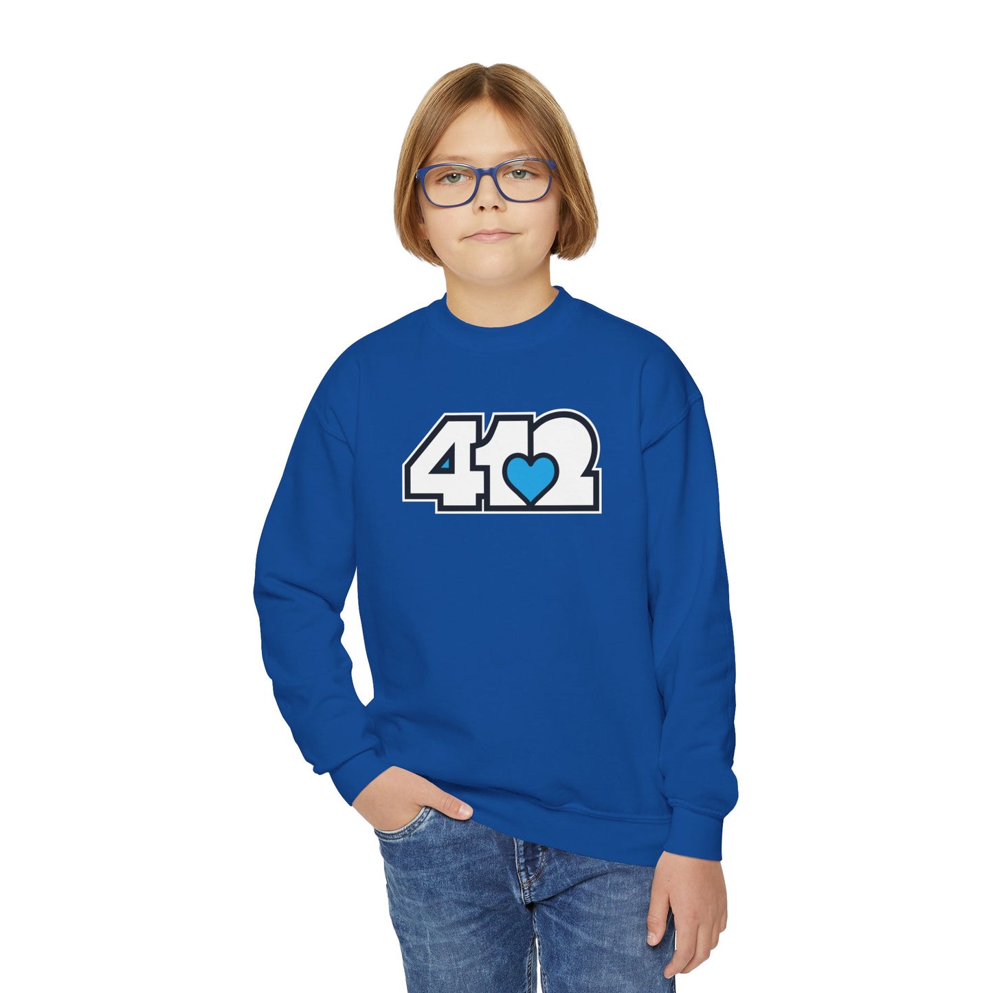 412 Crew Neck Youth Sweatshirt - Blue Heart, White Logo