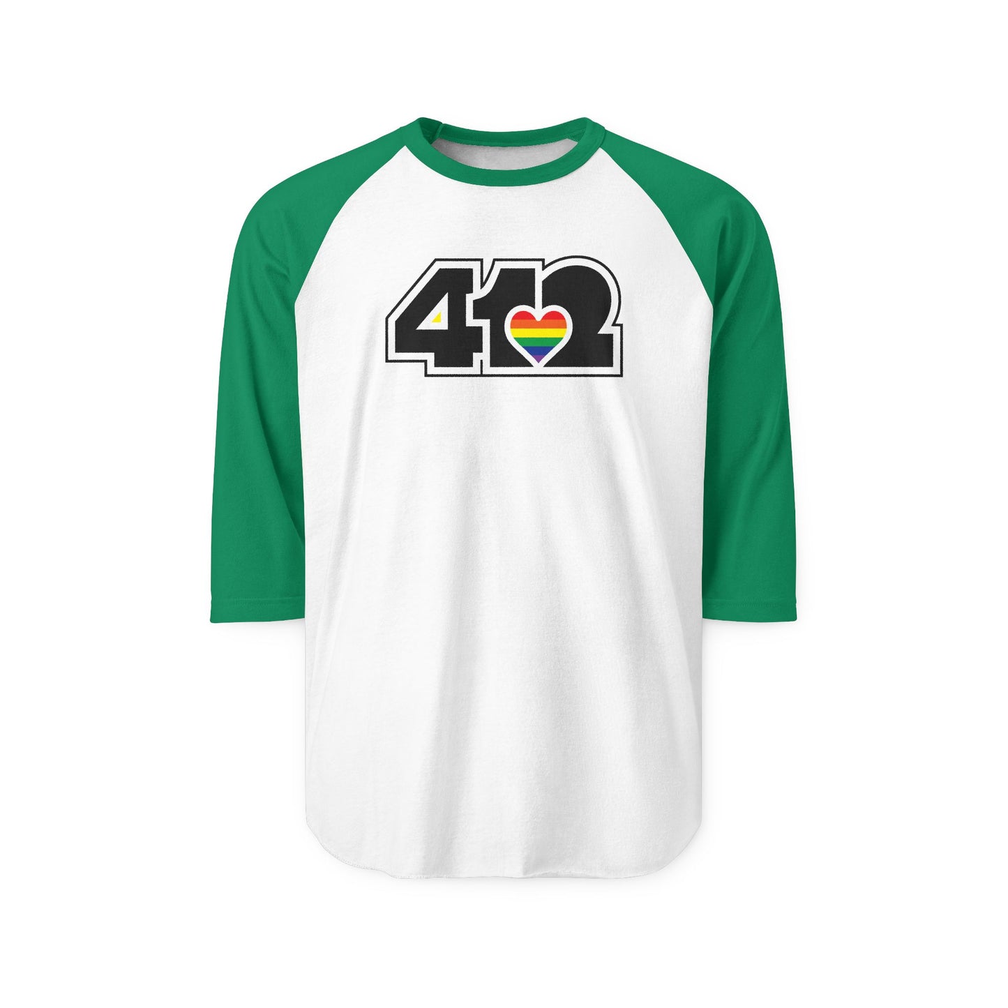 412 Raglan Baseball Tee - Rainbow Heart, Black Logo