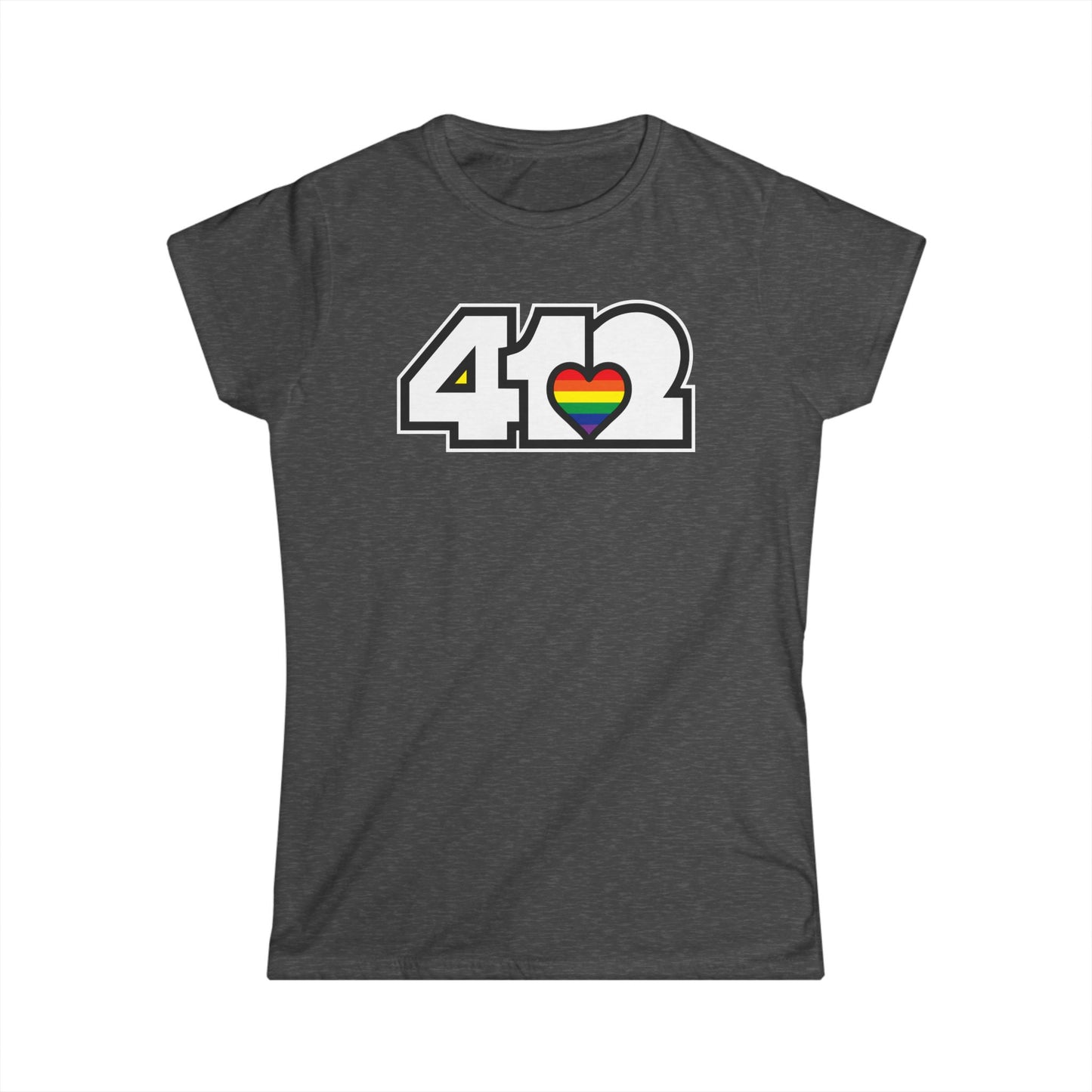 412 Women's Softstyle Tee - Rainbow Heart, White Logo
