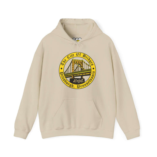 City of Bridges Hoodie | The City of Bridges Apparel Color: Sand. 50/50 cotton-poly blend, cozy fit, kangaroo pocket, adjustable drawstring hood.