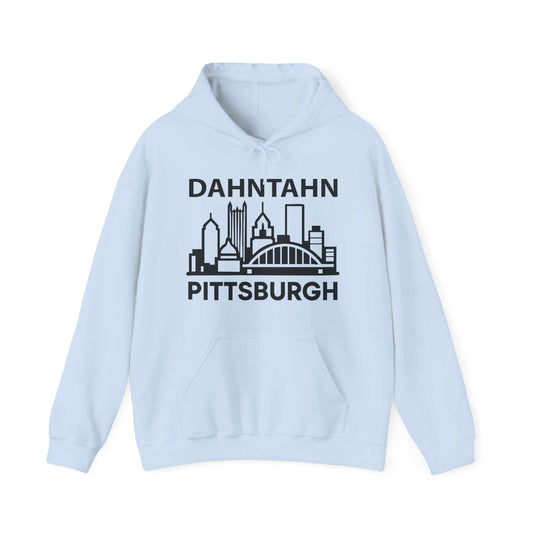 Dahntahn Pittsburgh Hoodie | Black Logo. Apparel Color: Light Blue. 50/50 cotton-poly blend, cozy fit, kangaroo pocket, adjustable drawstring hood.