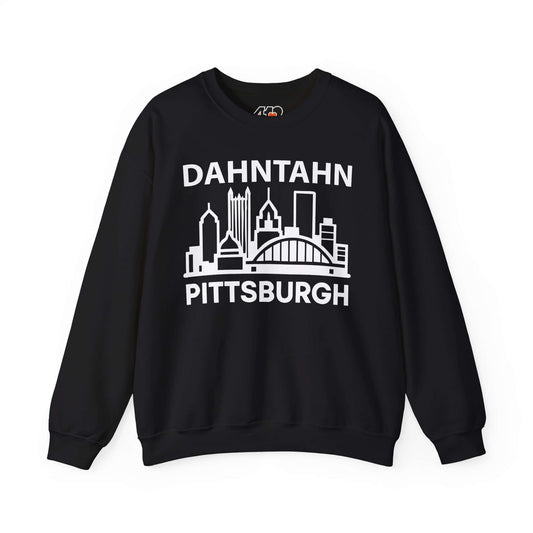 Dahntahn Pittsburgh Sweatshirt | White Logo. Apparel Color: Black. A blend of 50% cotton and 50% polyester for cozy durability. With an Elastic ribbed collar, and Double-needle stitching.
