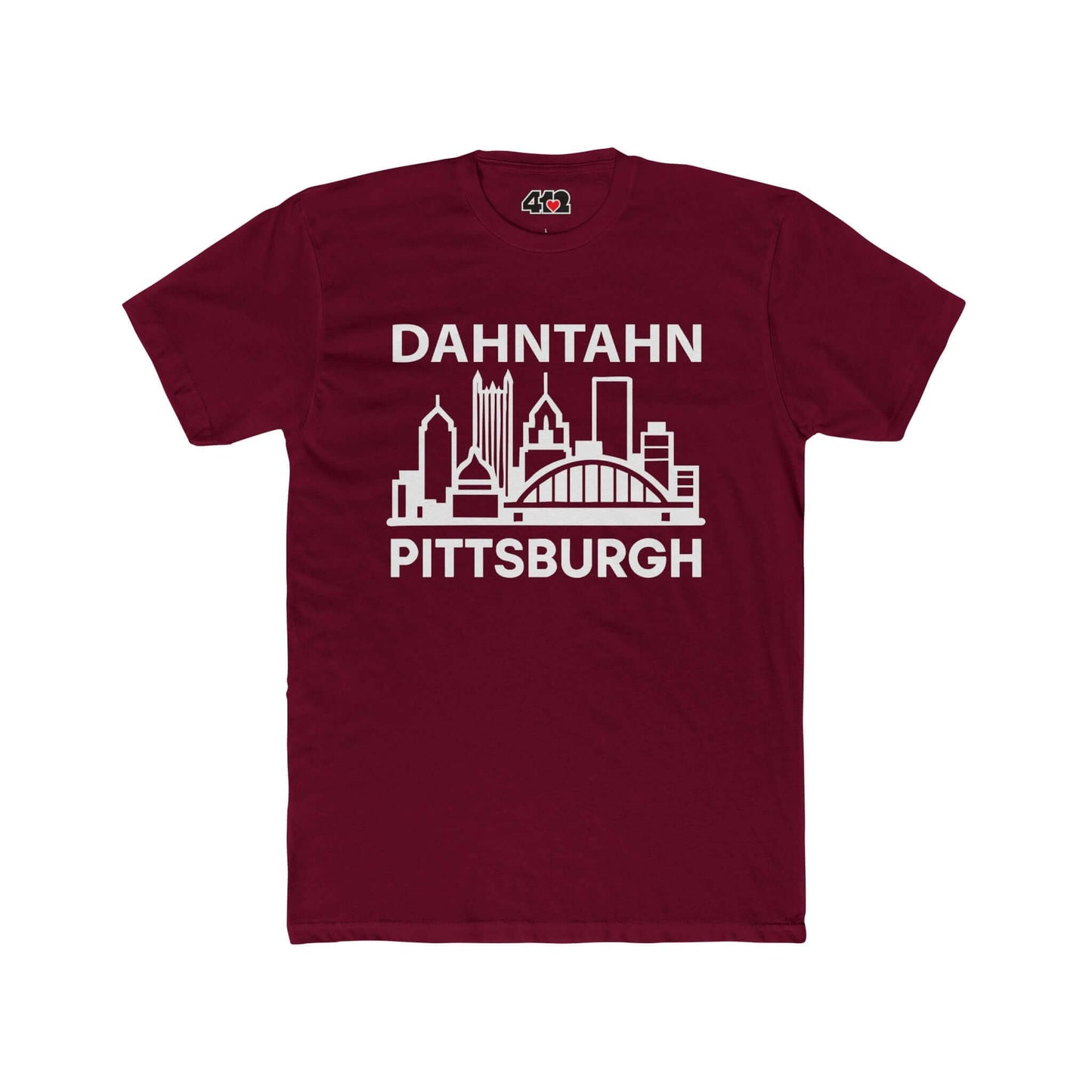 Dahntahn Pittsburgh T-Shirt | White Logo. Apparel Color: Solid Cardinal Red. Tailored fit T-Shirt with breathable cotton fabric, and classic neckline.