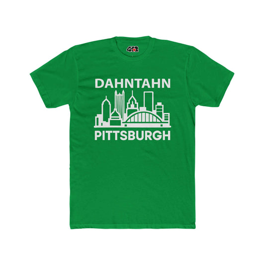 Dahntahn Pittsburgh T-Shirt | White Logo. Apparel Color: Solid Kelly Green. Tailored fit T-Shirt with breathable cotton fabric, and classic neckline.