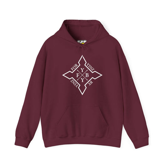 For YINZ By YINZ Hoodie | White Logo Apparel Color: Maroon. 50/50 cotton-poly blend, cozy fit, kangaroo pocket, adjustable drawstring hood.