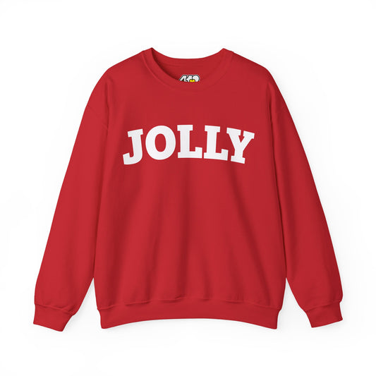 JOLLY Sweatshirt | Bold White Logo. Apparel Color: Red. A blend of 50% cotton and 50% polyester for cozy durability. With an Elastic ribbed collar, and Double-needle stitching.