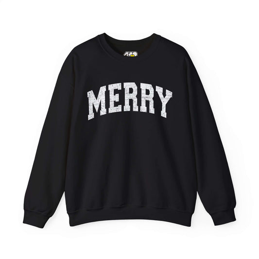 MERRY Sweatshirt | White Logo. Apparel Color: Black. A blend of 50% cotton and 50% polyester for cozy durability. With an Elastic ribbed collar, and Double-needle stitching.