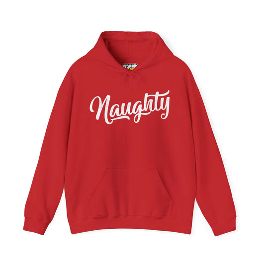 Naughty Hoodie | Distressed White Logo. Apparel Color: Red. 50/50 cotton-poly blend, cozy fit, kangaroo pocket, adjustable drawstring hood.