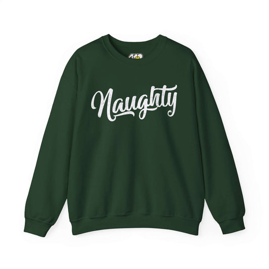 Naughty Sweatshirt | Distressed White Logo. Apparel Color: Forest Green. A blend of 50% cotton and 50% polyester for cozy durability. With an Elastic ribbed collar, and Double-needle stitching.