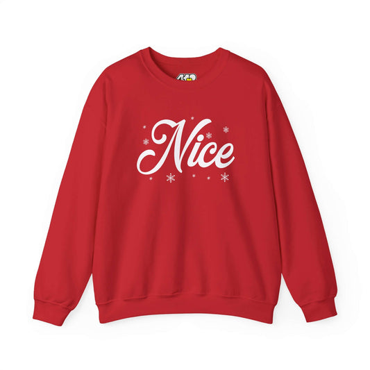 Nice Sweatshirt | Bold White Logo. Apparel Color: Red. A blend of 50% cotton and 50% polyester for cozy durability. With an Elastic ribbed collar, and Double-needle stitching.