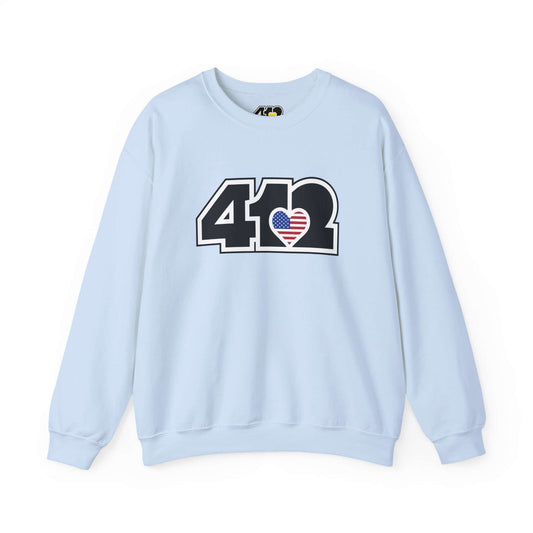 Pittsburgh Crewneck Sweatshirt | Black Stars & Stripes 412 Logo. Apparel Color: Light Blue. A blend of 50% cotton and 50% polyester for cozy durability. With an Elastic ribbed collar, and Double-needle stitching.