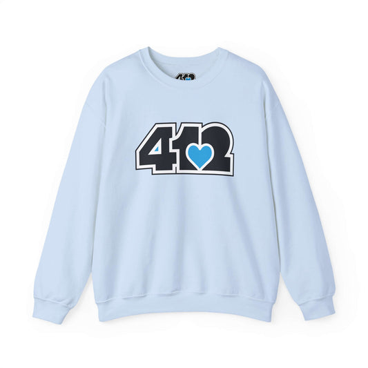 Pittsburgh Crewneck Sweatshirt | Black and Blue 412 Logo. Apparel Color: Light Blue. A blend of 50% cotton and 50% polyester for cozy durability. With an Elastic ribbed collar, and Double-needle stitching.