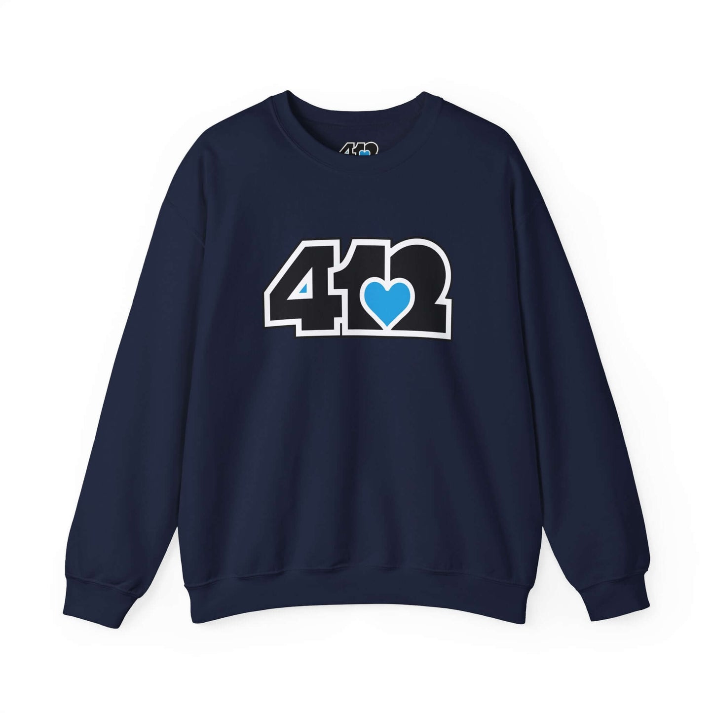 Pittsburgh Crewneck Sweatshirt | Black and Blue 412 Logo. Apparel Color: Navy. A blend of 50% cotton and 50% polyester for cozy durability. With an Elastic ribbed collar, and Double-needle stitching.