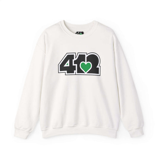 Pittsburgh Crewneck Sweatshirt | Black and Green 412 Logo. Apparel Color: White. A blend of 50% cotton and 50% polyester for cozy durability. With an Elastic ribbed collar, and Double-needle stitching.