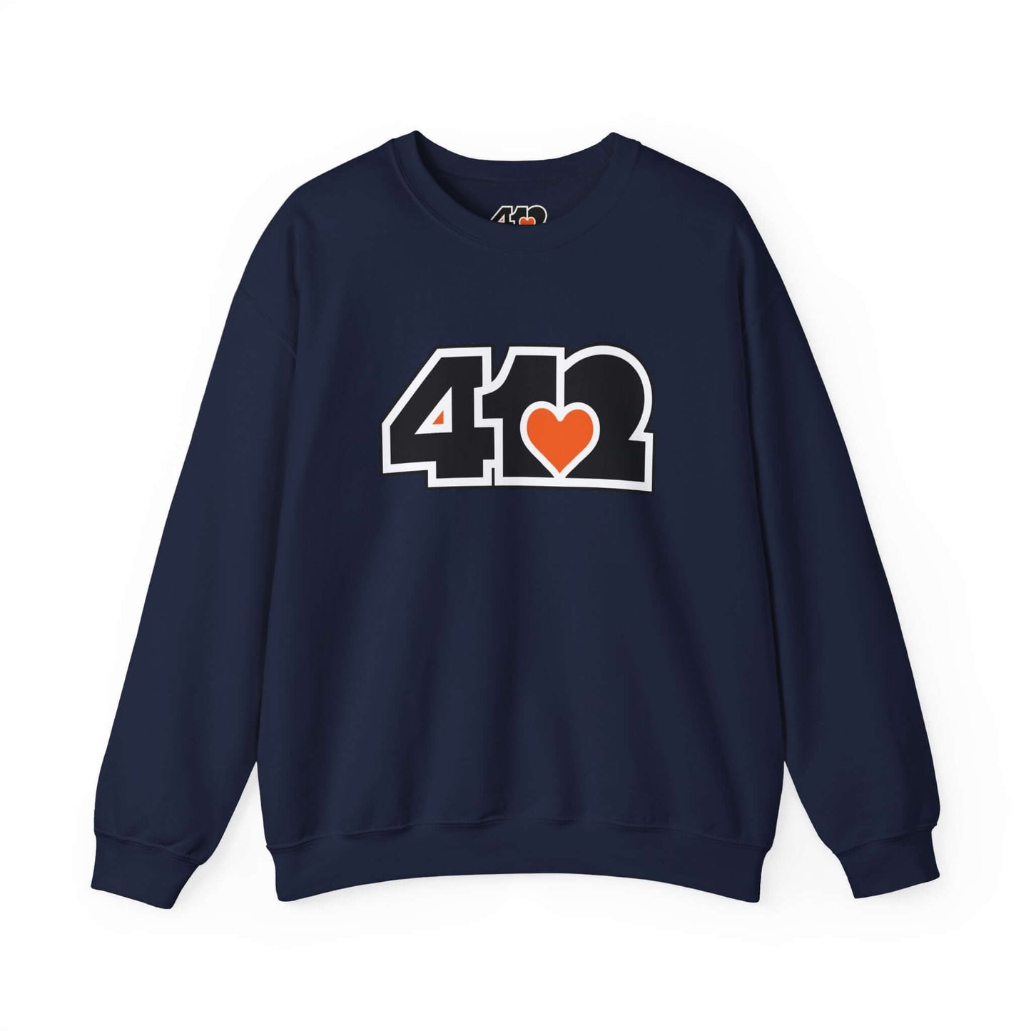 Pittsburgh Crewneck Sweatshirt | Black and Orange 412 Logo. Apparel Color: Navy. A blend of 50% cotton and 50% polyester for cozy durability. With an Elastic ribbed collar, and Double-needle stitching.