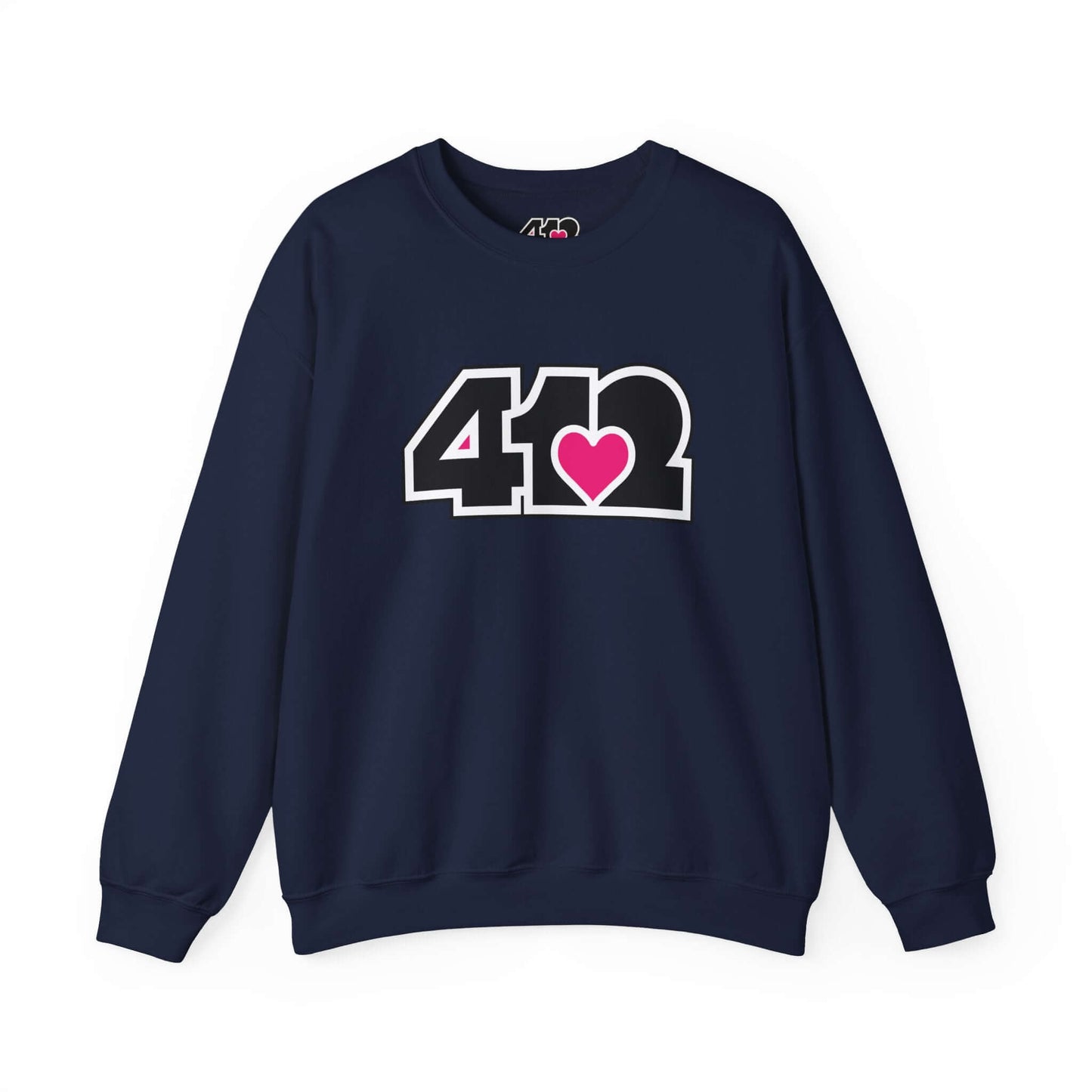 Pittsburgh Crewneck Sweatshirt | Black and Pink 412 Logo. Apparel Color: Navy. A blend of 50% cotton and 50% polyester for cozy durability. With an Elastic ribbed collar, and Double-needle stitching.