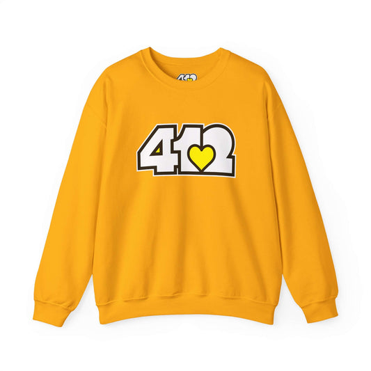 Pittsburgh Crewneck Sweatshirt | White & Yellow 412 Logo. Apparel Color: Gold. A blend of 50% cotton and 50% polyester for cozy durability. With an Elastic ribbed collar, and Double-needle stitching.