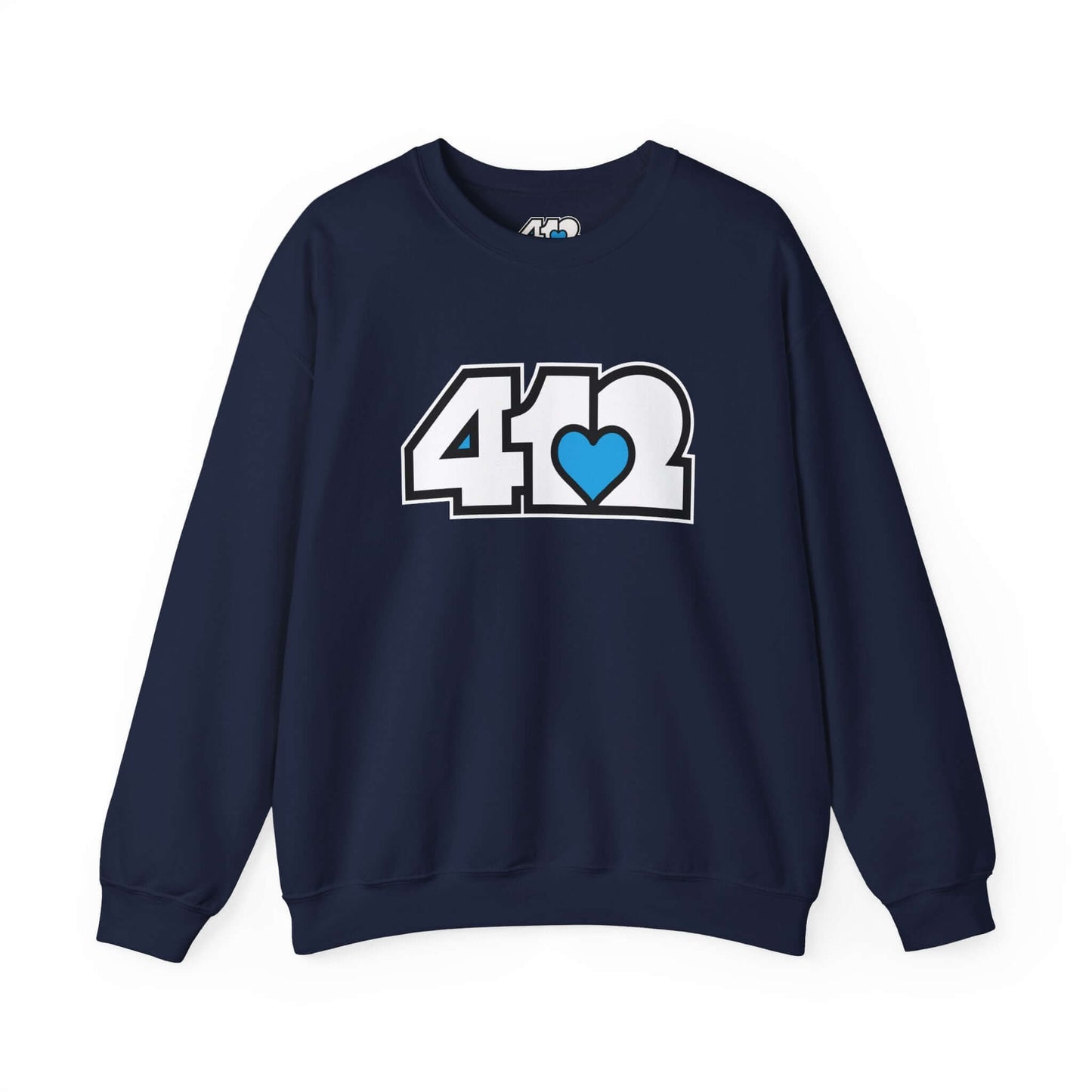 Pittsburgh Crewneck Sweatshirt | White and Blue 412 Logo. Apparel Color: Navy. A blend of 50% cotton and 50% polyester for cozy durability. With an Elastic ribbed collar, and Double-needle stitching.