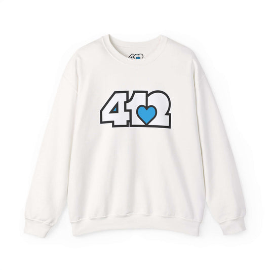 Pittsburgh Crewneck Sweatshirt | White and Blue 412 Logo. Apparel Color: White. A blend of 50% cotton and 50% polyester for cozy durability. With an Elastic ribbed collar, and Double-needle stitching.