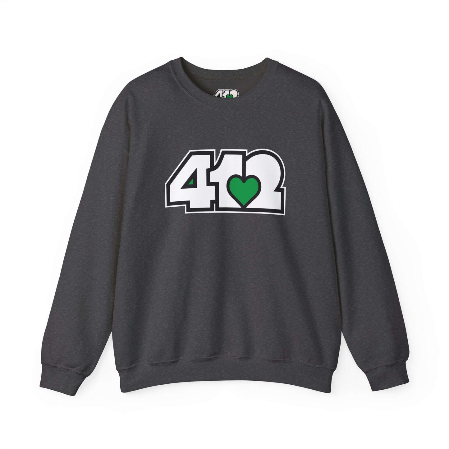 Pittsburgh Crewneck Sweatshirt | White and Green 412 Logo. Apparel Color: Dark Heather. A blend of 50% cotton and 50% polyester for cozy durability. With an Elastic ribbed collar, and Double-needle stitching.