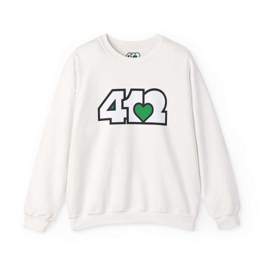 Pittsburgh Crewneck Sweatshirt | White and Green 412 Logo. Apparel Color: White. A blend of 50% cotton and 50% polyester for cozy durability. With an Elastic ribbed collar, and Double-needle stitching.