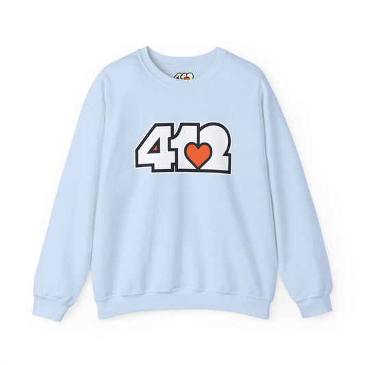 Pittsburgh Crewneck Sweatshirt | White and Orange 412 Logo. Apparel Color: Light Blue. A blend of 50% cotton and 50% polyester for cozy durability. With an Elastic ribbed collar, and Double-needle stitching.