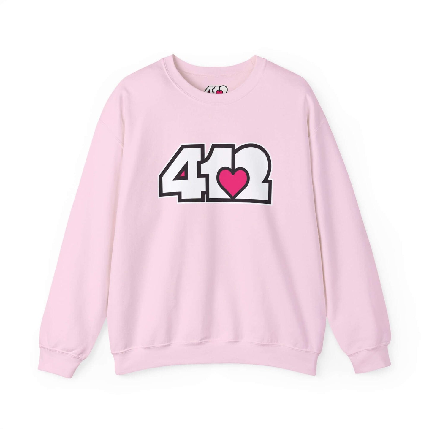 Pittsburgh Crewneck Sweatshirt | White and Pink 412 Logo. Apparel Color: Light Pink. A blend of 50% cotton and 50% polyester for cozy durability. With an Elastic ribbed collar, and Double-needle stitching.