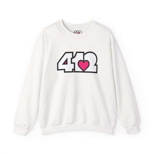 Pittsburgh Crewneck Sweatshirt | White and Pink 412 Logo. Apparel Color: White. A blend of 50% cotton and 50% polyester for cozy durability. With an Elastic ribbed collar, and Double-needle stitching.