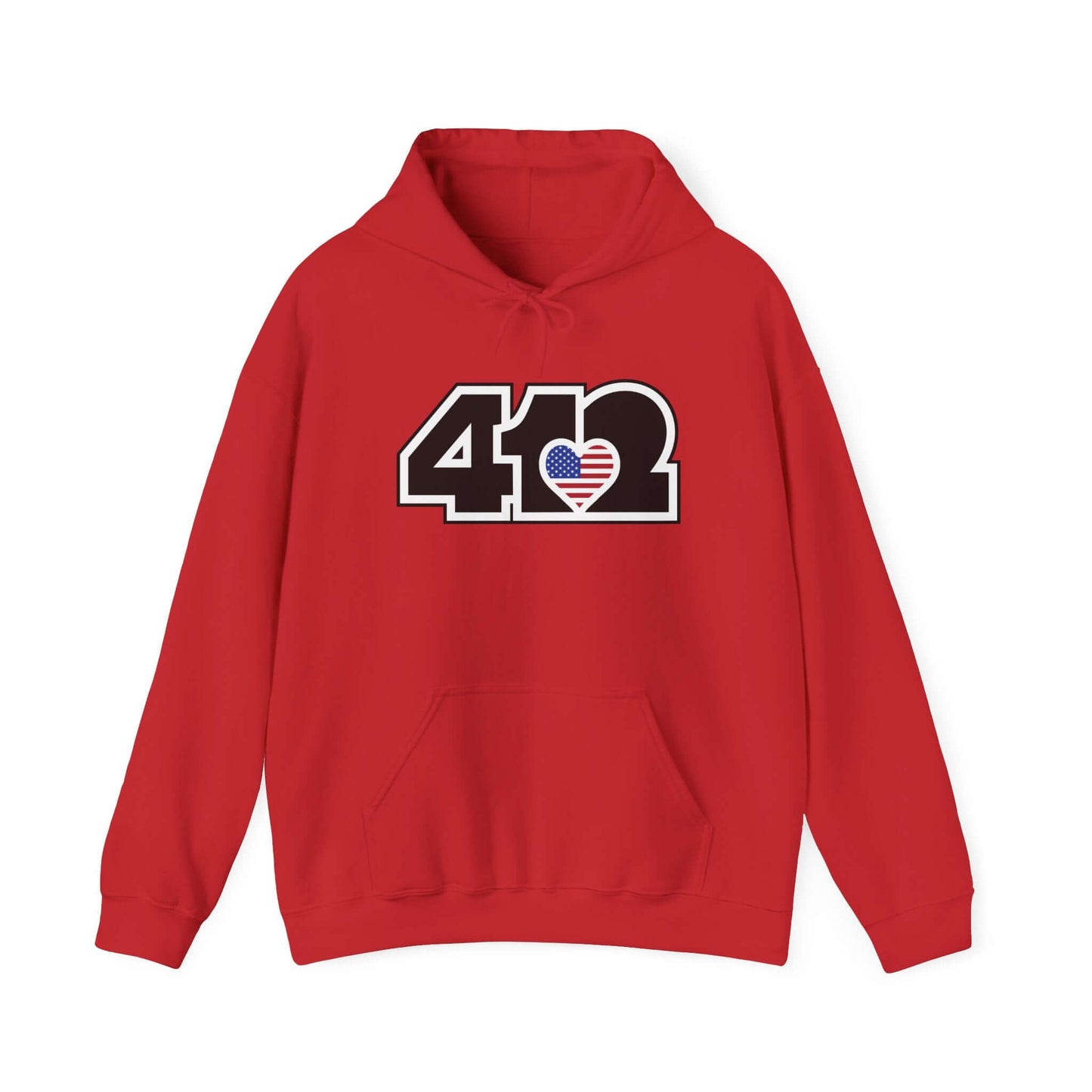 Pittsburgh Hoodie | Black Stars and Stripes 412 Logo Apparel Color: Red. 50/50 cotton-poly blend, cozy fit, kangaroo pocket, adjustable drawstring hood.