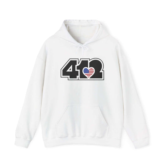 Pittsburgh Hoodie | Black Stars and Stripes 412 Logo Apparel Color: White. 50/50 cotton-poly blend, cozy fit, kangaroo pocket, adjustable drawstring hood.