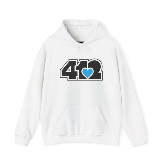 Pittsburgh Hoodie | Black and Blue 412 Logo. Apparel Color: White. 50/50 cotton-poly blend, cozy fit, kangaroo pocket, adjustable drawstring hood.