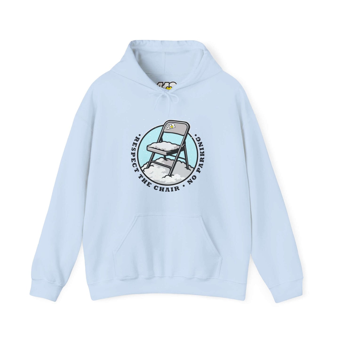Pittsburgh Hoodie | Respect The Chair. Apparel Color: Light Blue. 50/50 cotton-poly blend, cozy fit, kangaroo pocket, adjustable drawstring hood.