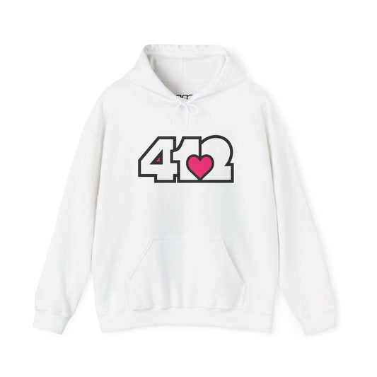 Pittsburgh Hoodie | White and Pink 412 Logo. Apparel Color: White. 50/50 cotton-poly blend, cozy fit, kangaroo pocket, adjustable drawstring hood.