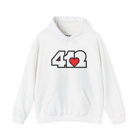 Pittsburgh Hoodie | White and Red 412 Logo. Apparel Color: White. 50/50 cotton-poly blend, cozy fit, kangaroo pocket, adjustable drawstring hood.