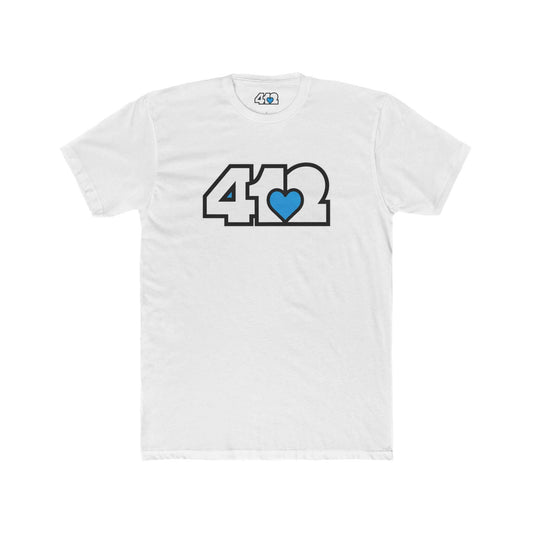Pittsburgh T-Shirt | White & Blue 412 Logo. Apparel Color: Solid White. Tailored fit T-Shirt with breathable cotton fabric, and classic neckline.