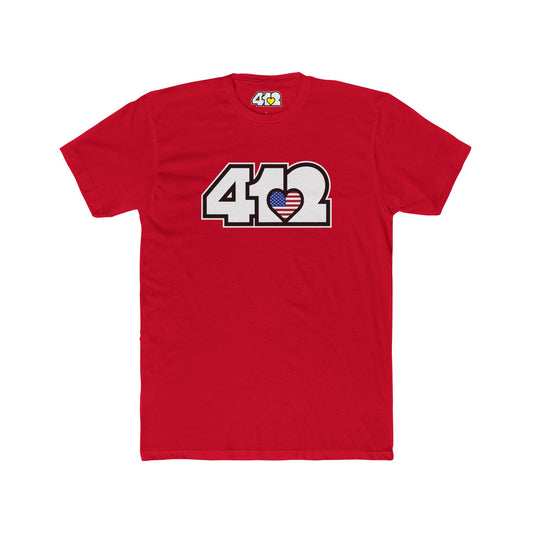 Pittsburgh T-Shirt | White Stars & Stripes 412 Logo. Apparel Color: Solid Red. Tailored fit T-Shirt with breathable cotton fabric, and classic neckline.