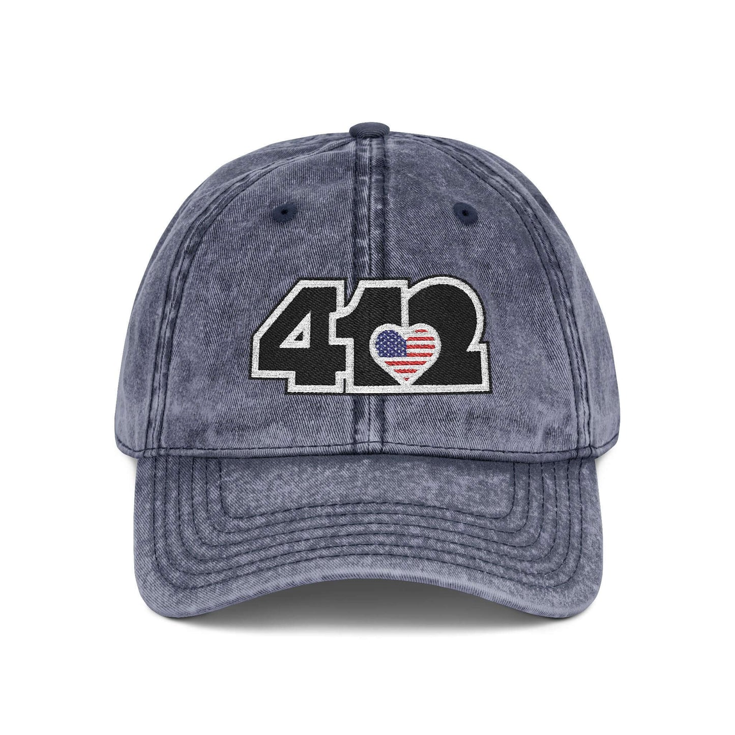 Pittsburgh Vintage Hat | Embroidered Black Stars and Stripes 412 Logo. Apparel Color: Navy. A relaxed fit, cotton twill fabric, adjustable buckle, and washed-out finish look.