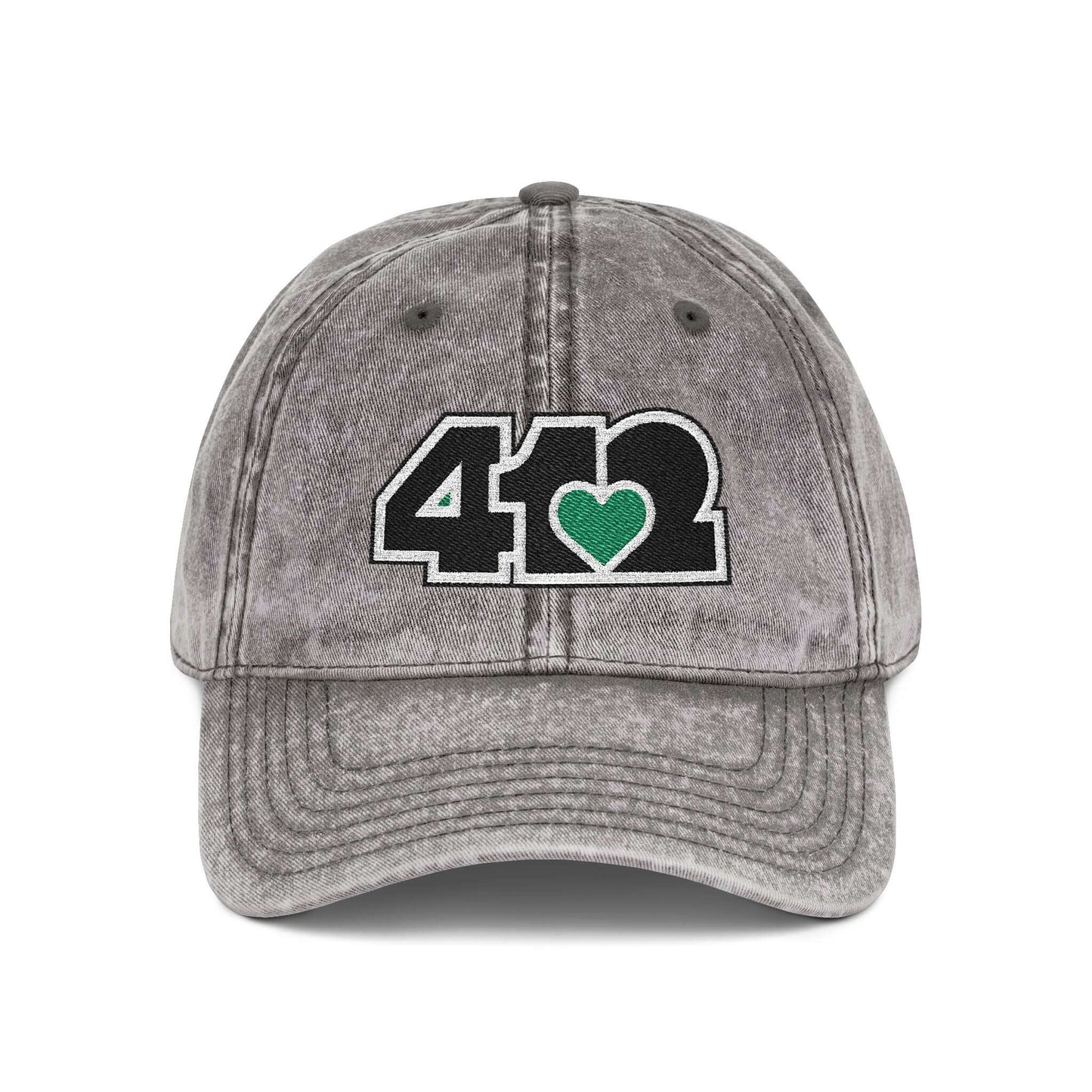 Pittsburgh Vintage Hat | Embroidered Black and Green 412 Logo. Apparel Color: Charcoal Grey. A relaxed fit, cotton twill fabric, adjustable buckle, and washed-out finish look.